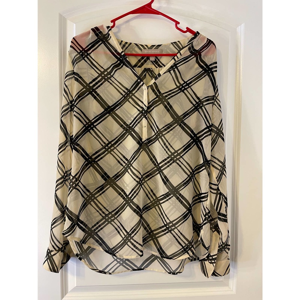 Banana Republic Sheer Cream and Black Plaid Blouse, Size Medium